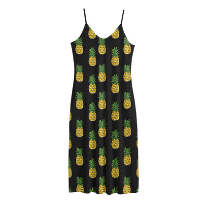 Black Cute Pineapple Pattern Print Jersey Midi Cami Dress