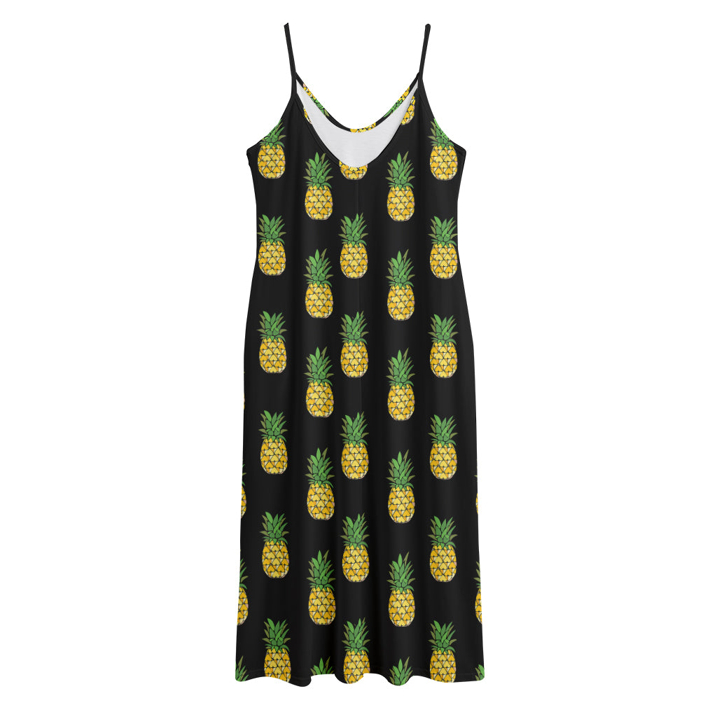 Black Cute Pineapple Pattern Print Jersey Midi Cami Dress