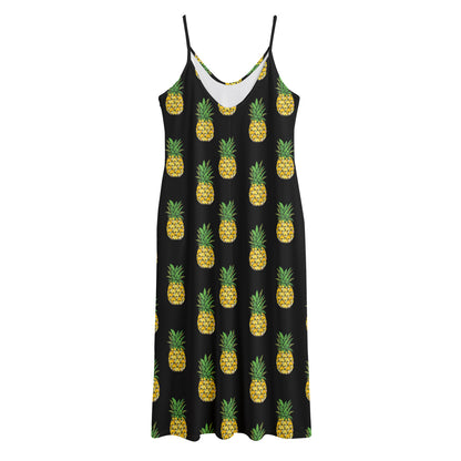 Black Cute Pineapple Pattern Print Jersey Midi Cami Dress