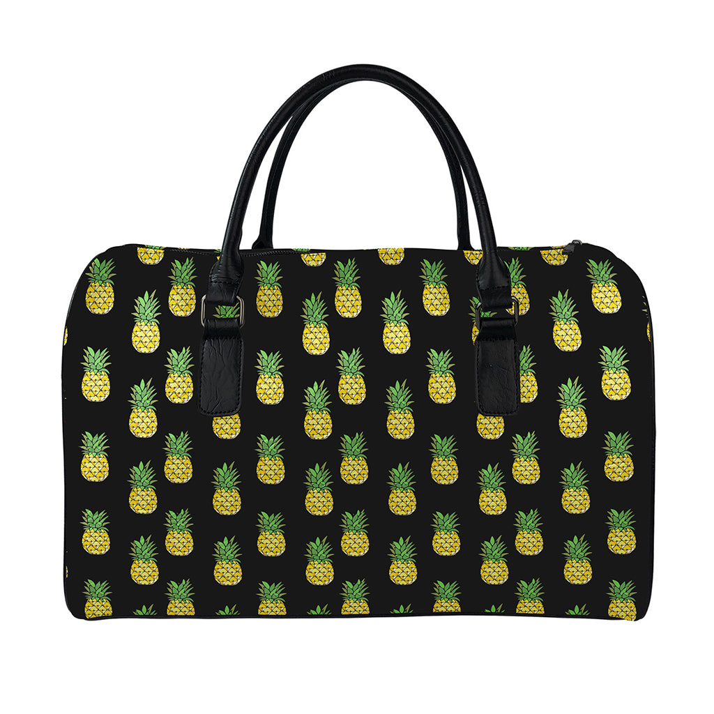 Black Cute Pineapple Pattern Print Leather Duffle Bag