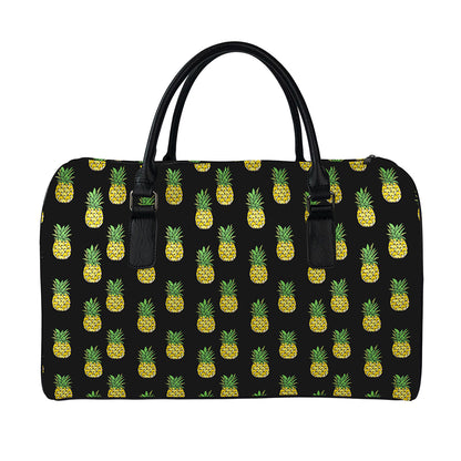 Black Cute Pineapple Pattern Print Leather Duffle Bag