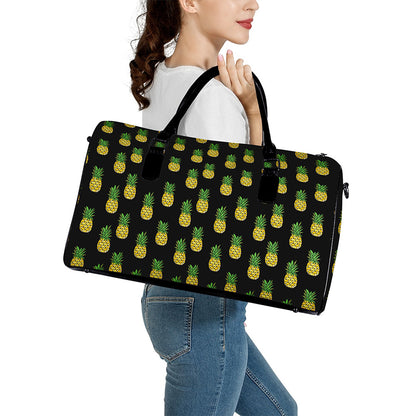 Black Cute Pineapple Pattern Print Leather Duffle Bag