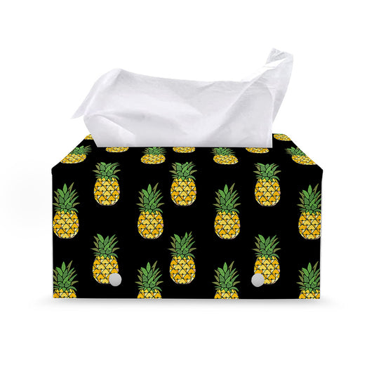Black Cute Pineapple Pattern Print Leather Tissue Box Cover