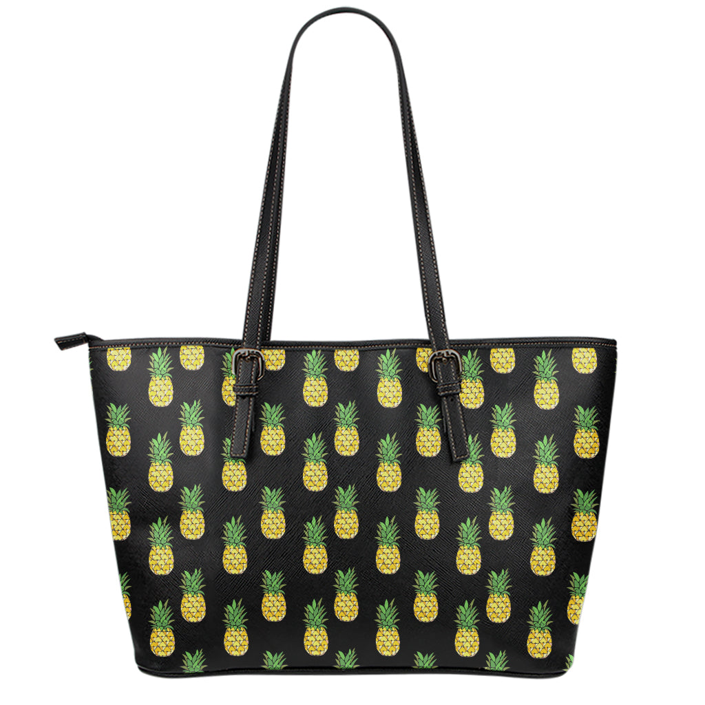 Black Cute Pineapple Pattern Print Leather Tote Bag
