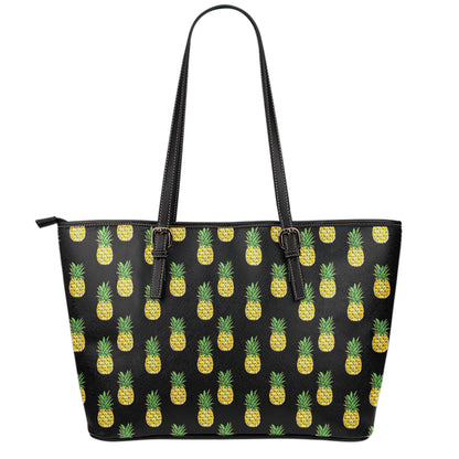 Black Cute Pineapple Pattern Print Leather Tote Bag