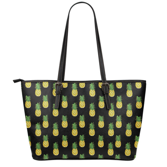 Black Cute Pineapple Pattern Print Leather Tote Bag