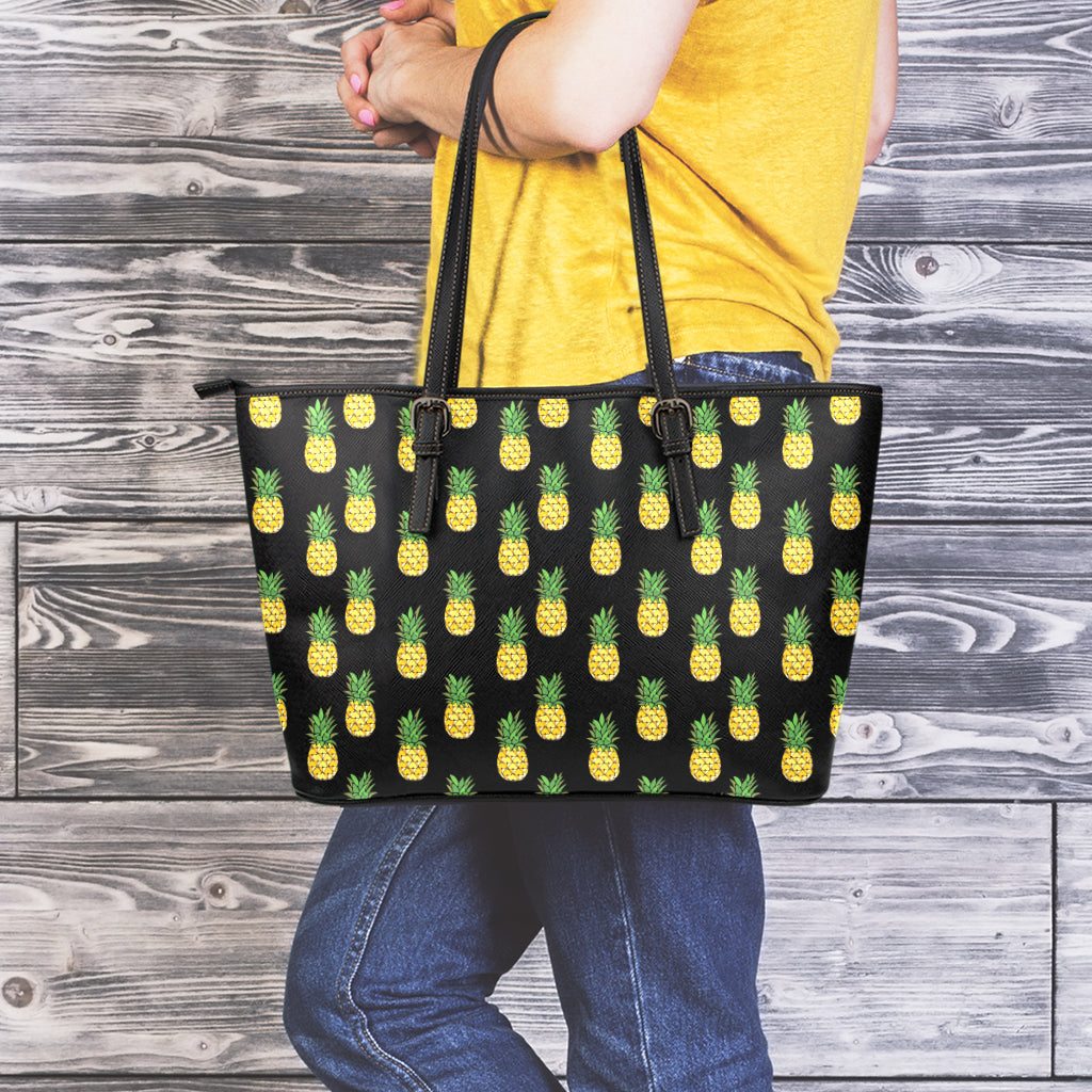 Black Cute Pineapple Pattern Print Leather Tote Bag