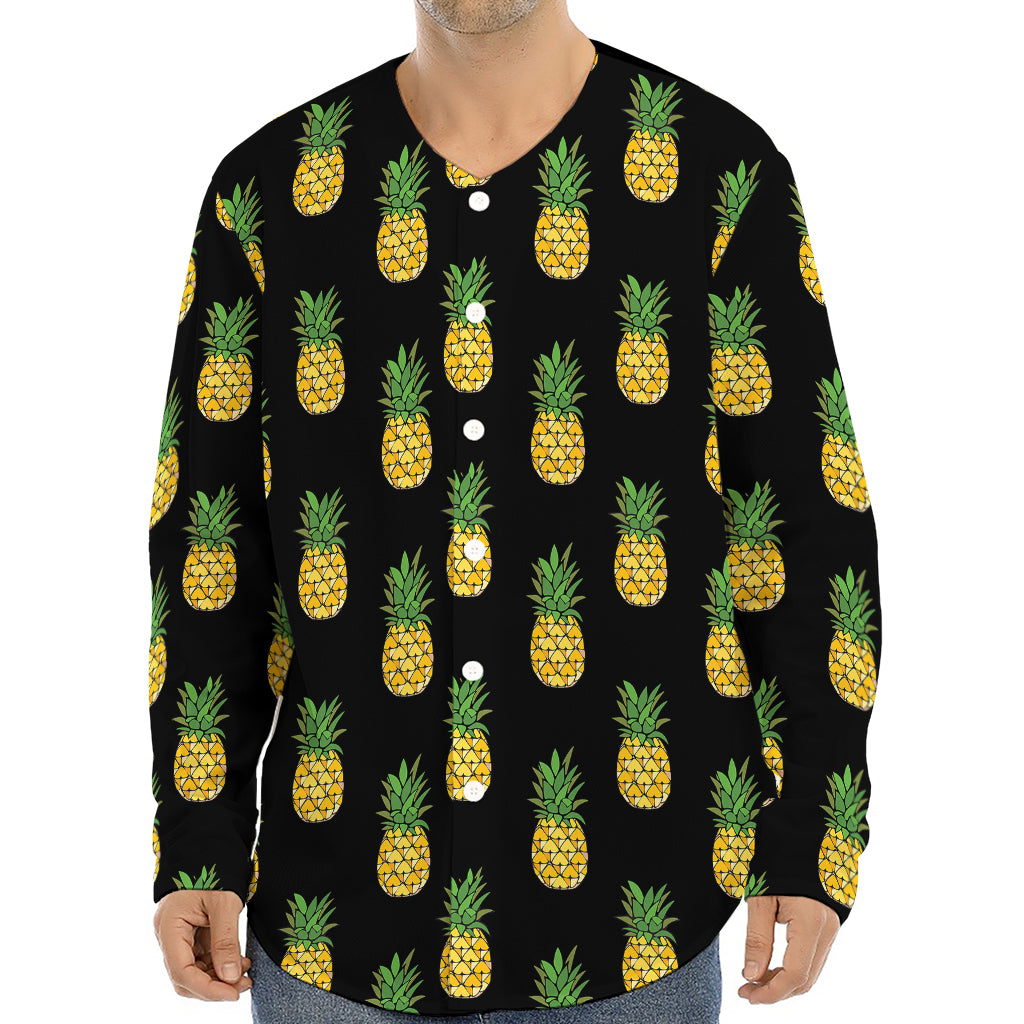 Black Cute Pineapple Pattern Print Long Sleeve Baseball Jersey