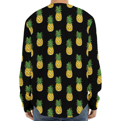 Black Cute Pineapple Pattern Print Long Sleeve Baseball Jersey