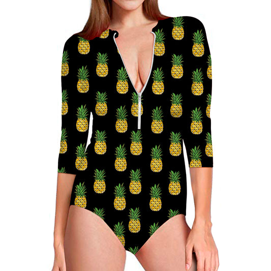 Black Cute Pineapple Pattern Print Long Sleeve Swimsuit