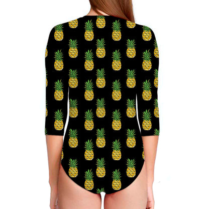 Black Cute Pineapple Pattern Print Long Sleeve Swimsuit