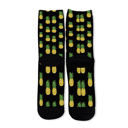 Black Cute Pineapple Pattern Print Long Socks