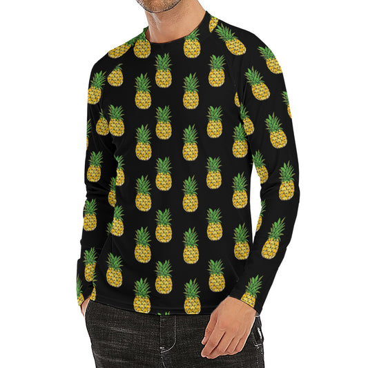 Black Cute Pineapple Pattern Print Men's Long Sleeve Rash Guard