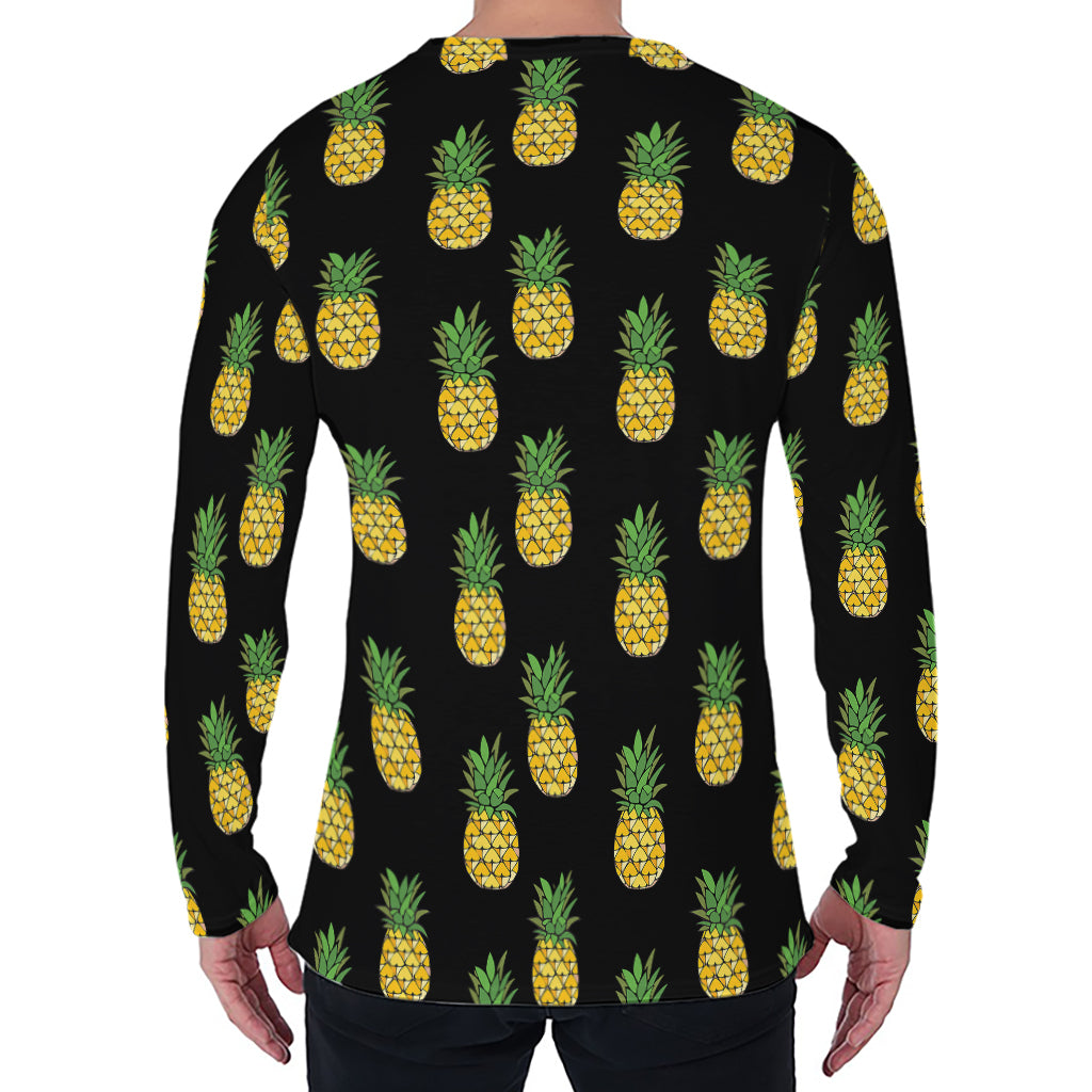 Black Cute Pineapple Pattern Print Men's Long Sleeve T-Shirt
