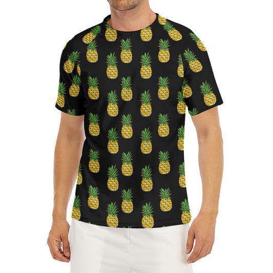 Black Cute Pineapple Pattern Print Men's Short Sleeve Rash Guard