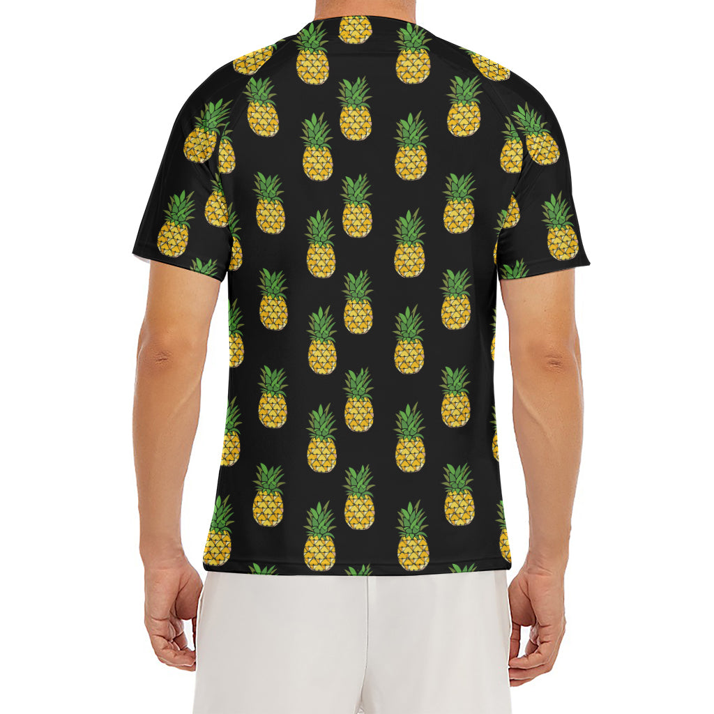 Black Cute Pineapple Pattern Print Men's Short Sleeve Rash Guard