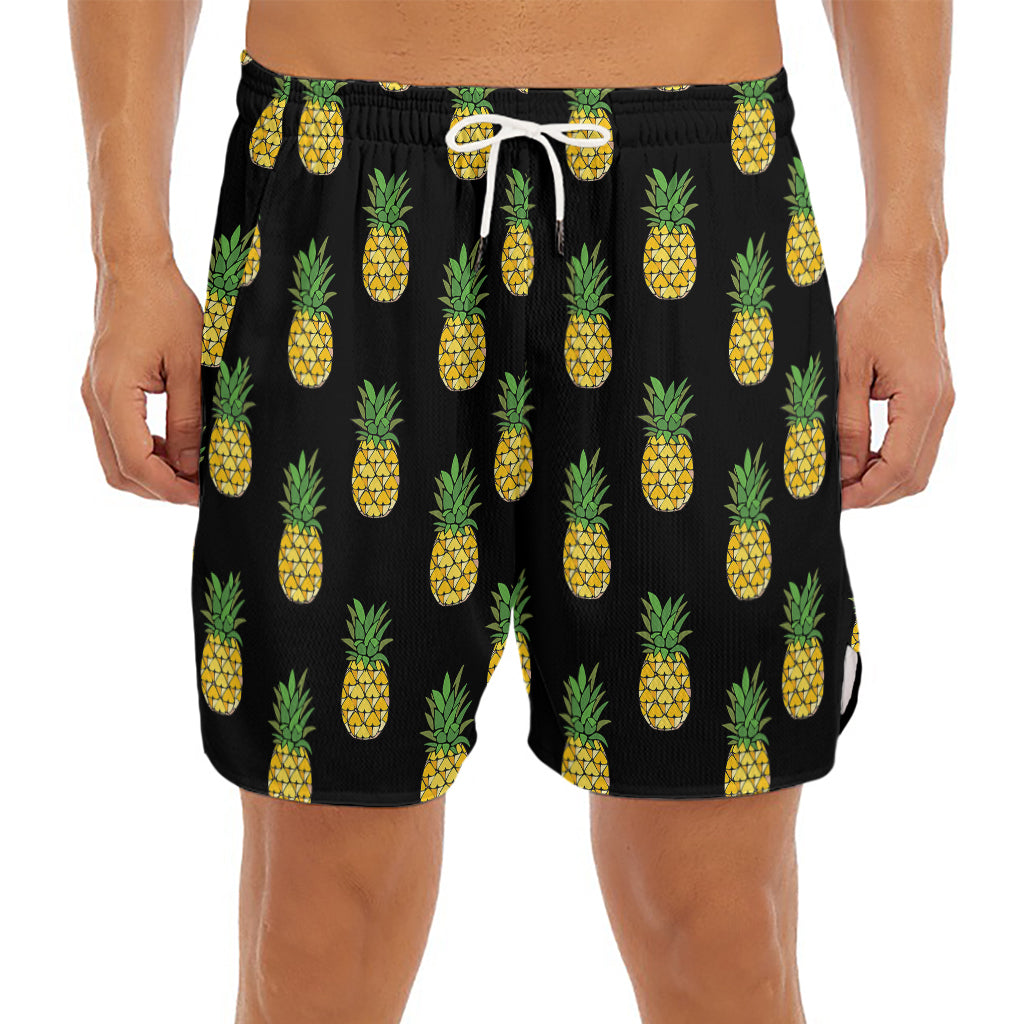 Black Cute Pineapple Pattern Print Men's Split Running Shorts