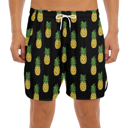 Black Cute Pineapple Pattern Print Men's Split Running Shorts