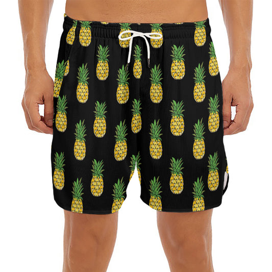 Black Cute Pineapple Pattern Print Men's Split Running Shorts