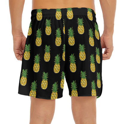 Black Cute Pineapple Pattern Print Men's Split Running Shorts