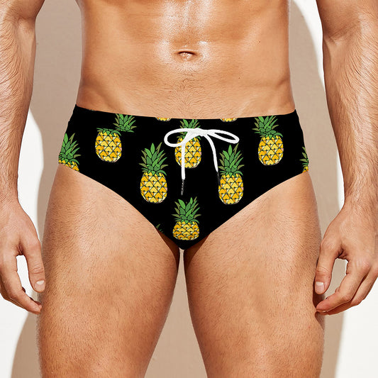 Black Cute Pineapple Pattern Print Men's Swim Briefs