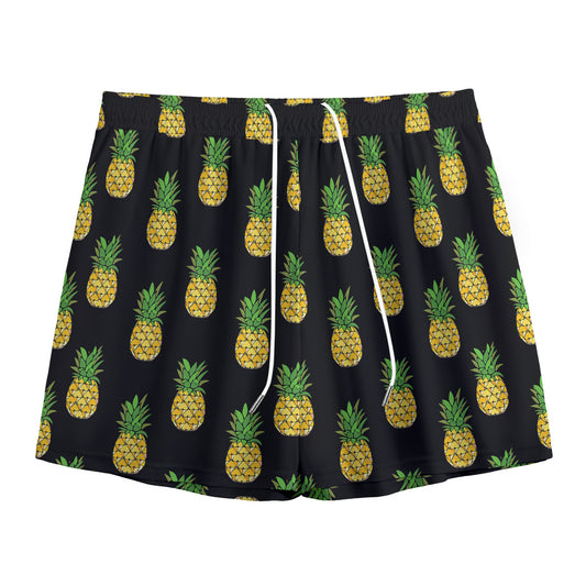 Black Cute Pineapple Pattern Print Mesh Shorts