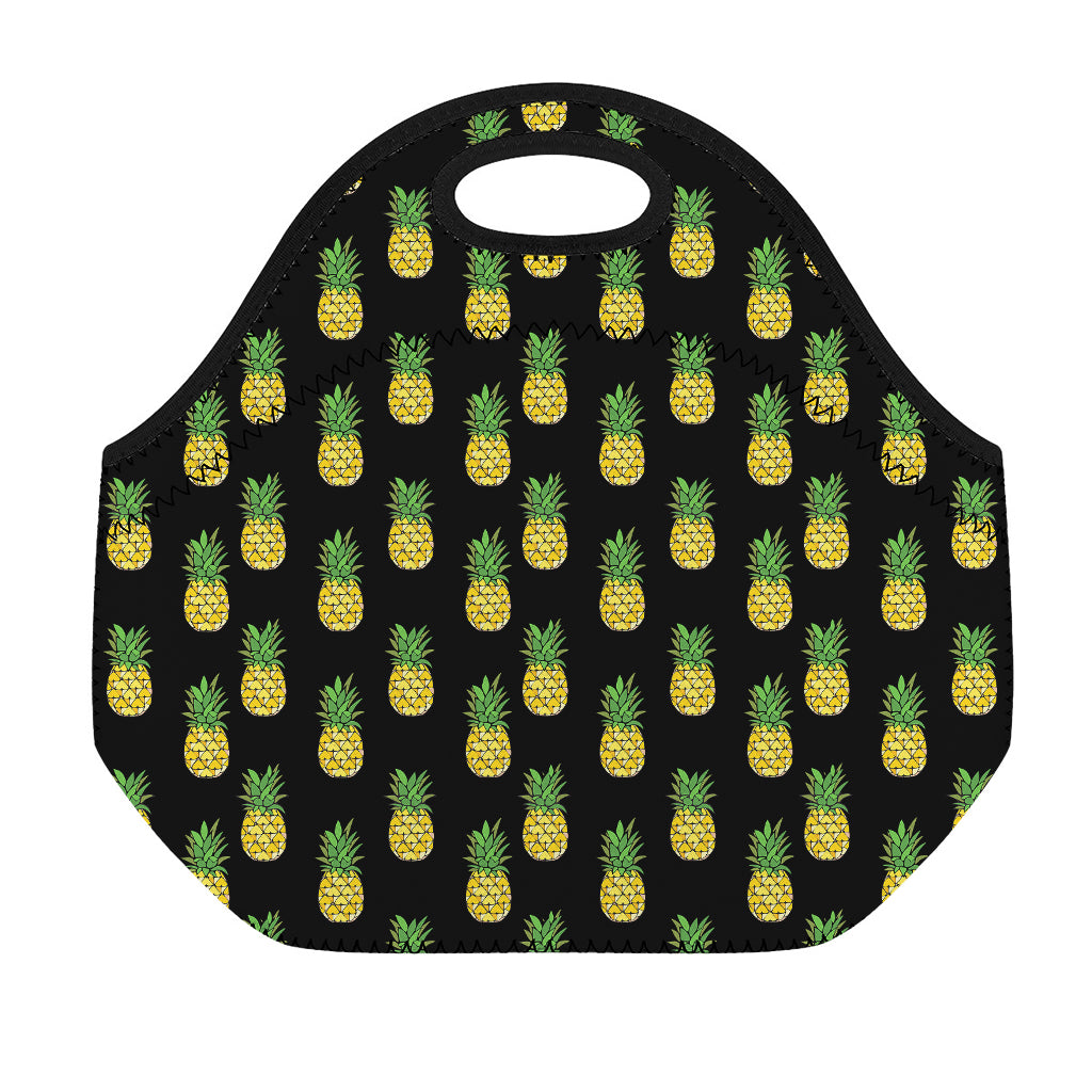 Black Cute Pineapple Pattern Print Neoprene Lunch Bag