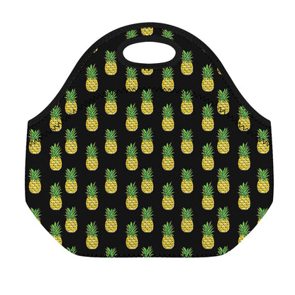 Black Cute Pineapple Pattern Print Neoprene Lunch Bag