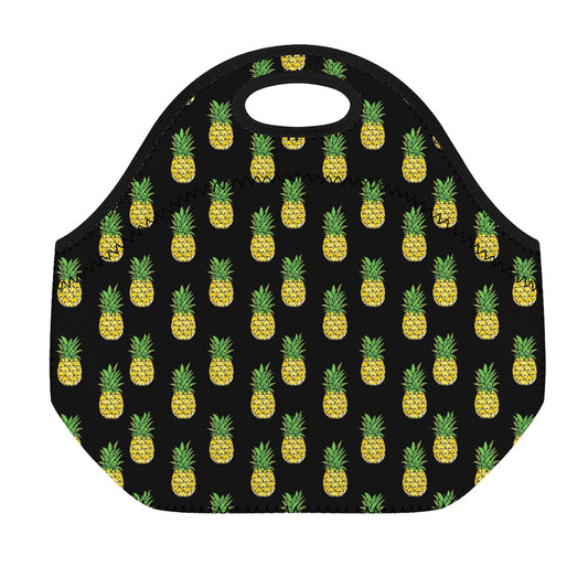 Black Cute Pineapple Pattern Print Neoprene Lunch Bag