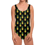 Black Cute Pineapple Pattern Print One Piece Swimsuit