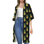 Black Cute Pineapple Pattern Print Open Front Beach Cover Up
