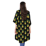 Black Cute Pineapple Pattern Print Open Front Beach Cover Up