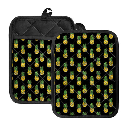 Black Cute Pineapple Pattern Print Pot Holders With Pocket