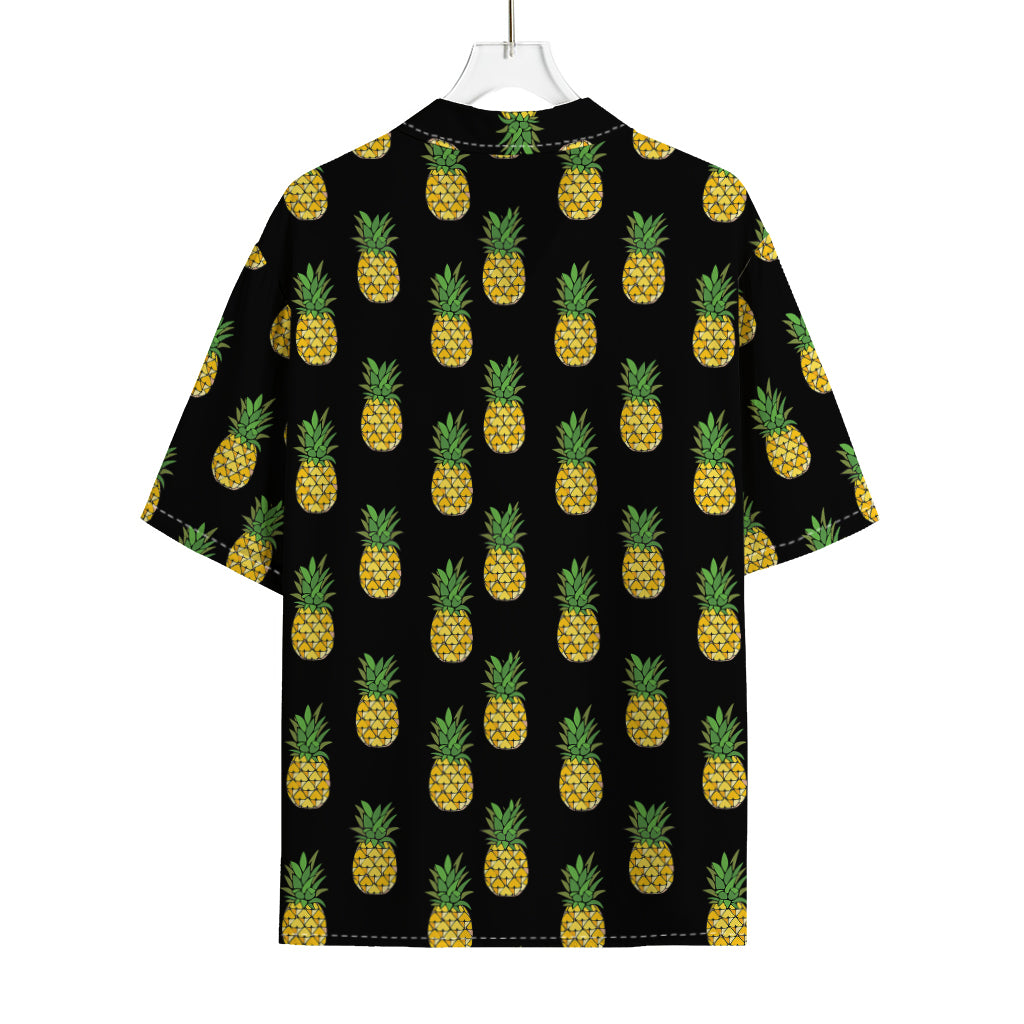 Black Cute Pineapple Pattern Print Rayon Hawaiian Shirt