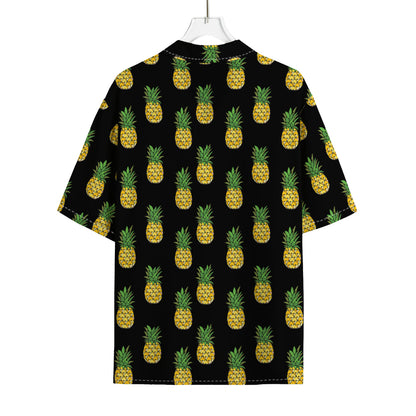 Black Cute Pineapple Pattern Print Rayon Hawaiian Shirt