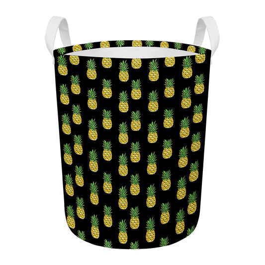 Black Cute Pineapple Pattern Print Round Laundry Basket