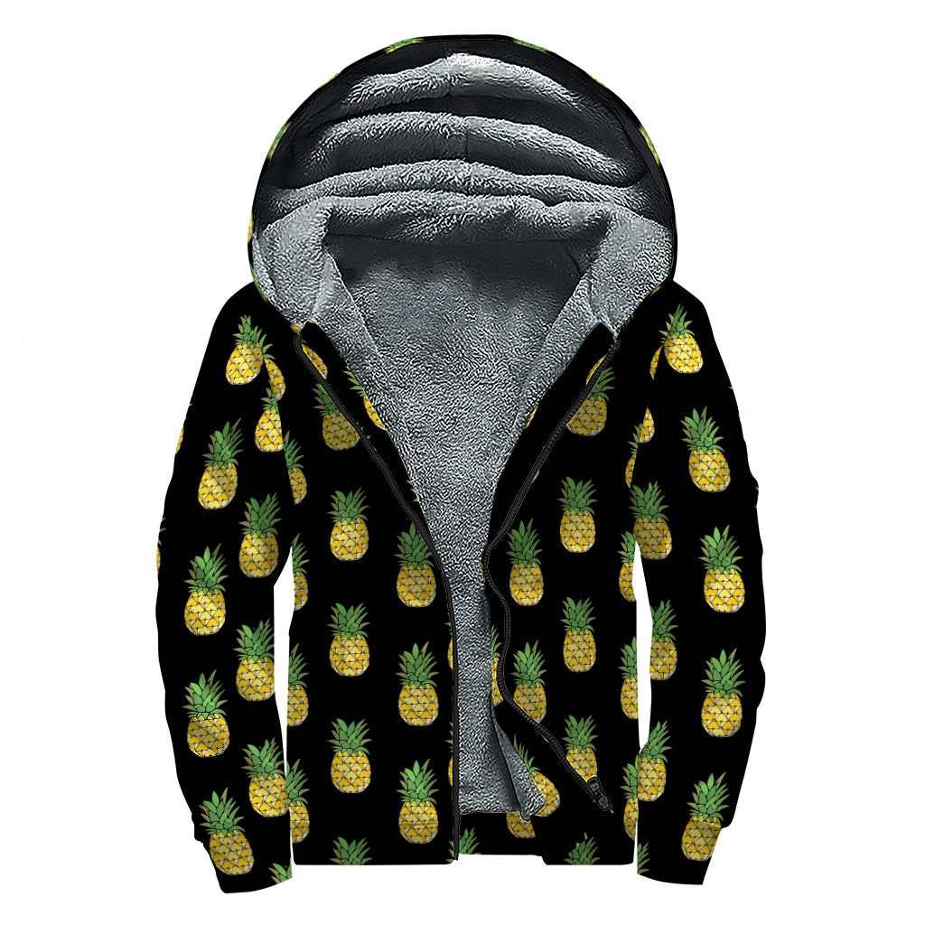 Black Cute Pineapple Pattern Print Sherpa Lined Zip Up Hoodie