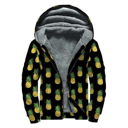 Black Cute Pineapple Pattern Print Sherpa Lined Zip Up Hoodie