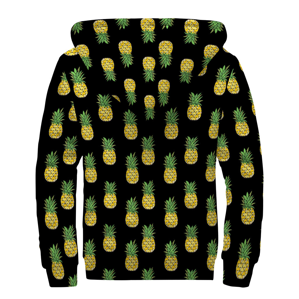 Black Cute Pineapple Pattern Print Sherpa Lined Zip Up Hoodie