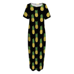 Black Cute Pineapple Pattern Print Short Sleeve Long Nightdress
