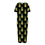 Black Cute Pineapple Pattern Print Short Sleeve Long Nightdress