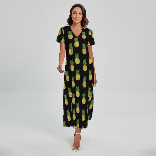 Black Cute Pineapple Pattern Print Short Sleeve Maxi Dress