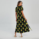 Black Cute Pineapple Pattern Print Short Sleeve Maxi Dress
