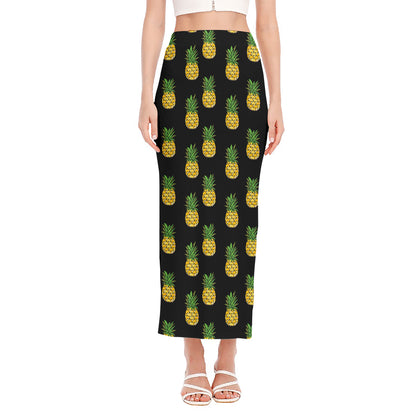 Black Cute Pineapple Pattern Print Side Slit Maxi Skirt