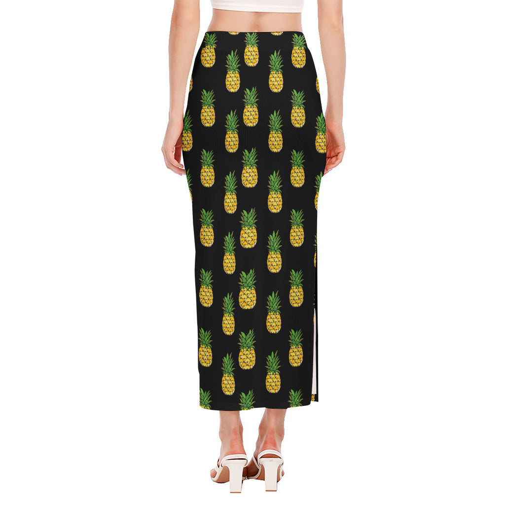Black Cute Pineapple Pattern Print Side Slit Maxi Skirt