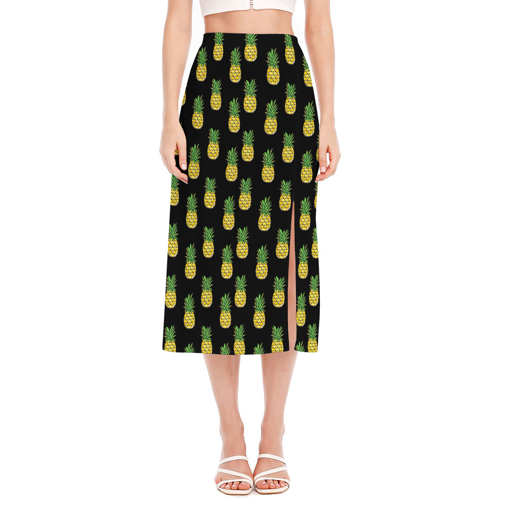 Black Cute Pineapple Pattern Print Side Slit Midi Skirt