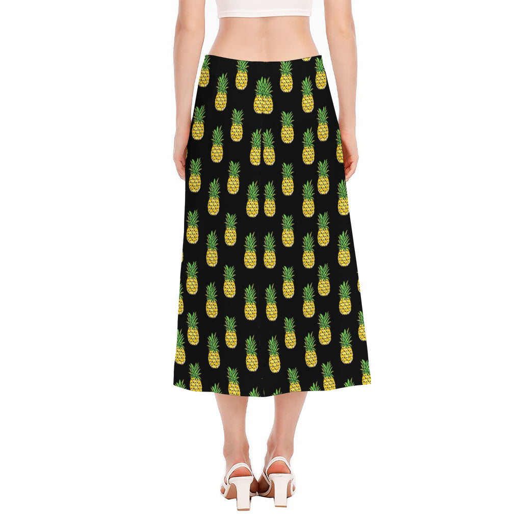Black Cute Pineapple Pattern Print Side Slit Midi Skirt