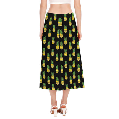 Black Cute Pineapple Pattern Print Side Slit Midi Skirt