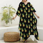 Black Cute Pineapple Pattern Print Silk V-Neck Kaftan Dress