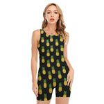 Black Cute Pineapple Pattern Print Sleeveless One Piece Swimsuit